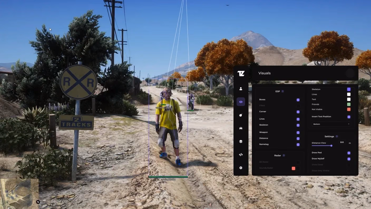 The same road with ESP running: both players outlined with boxes and skeletons, labelled with weapon and distance, the Visuals menu open on the right