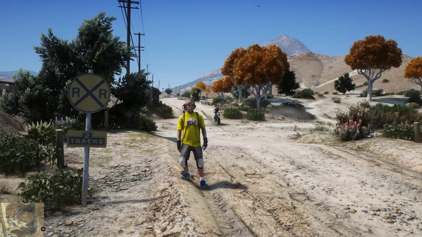 FiveM without the menu: a dirt road, the second player on the motorbike barely visible in the distance